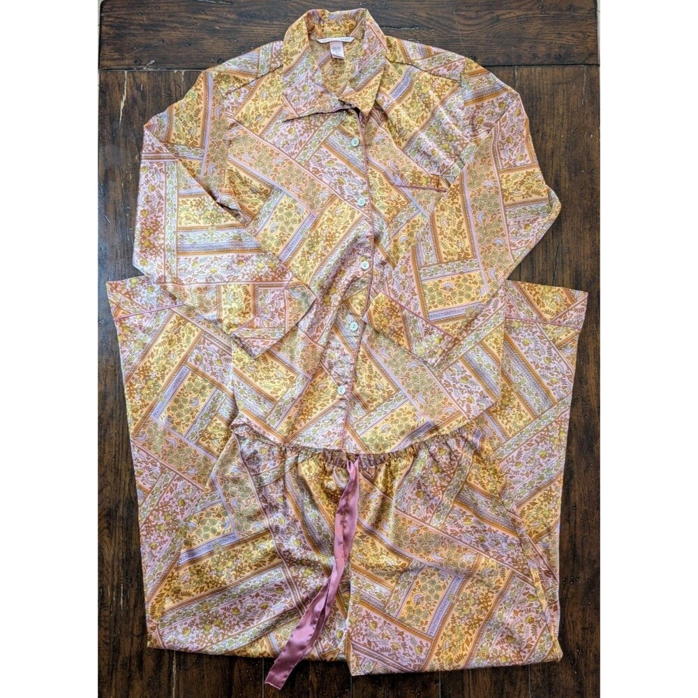 Victorias Secret AFTERHOURS Silky SATIN Pajama Set M Mustard Floral Patchwork
